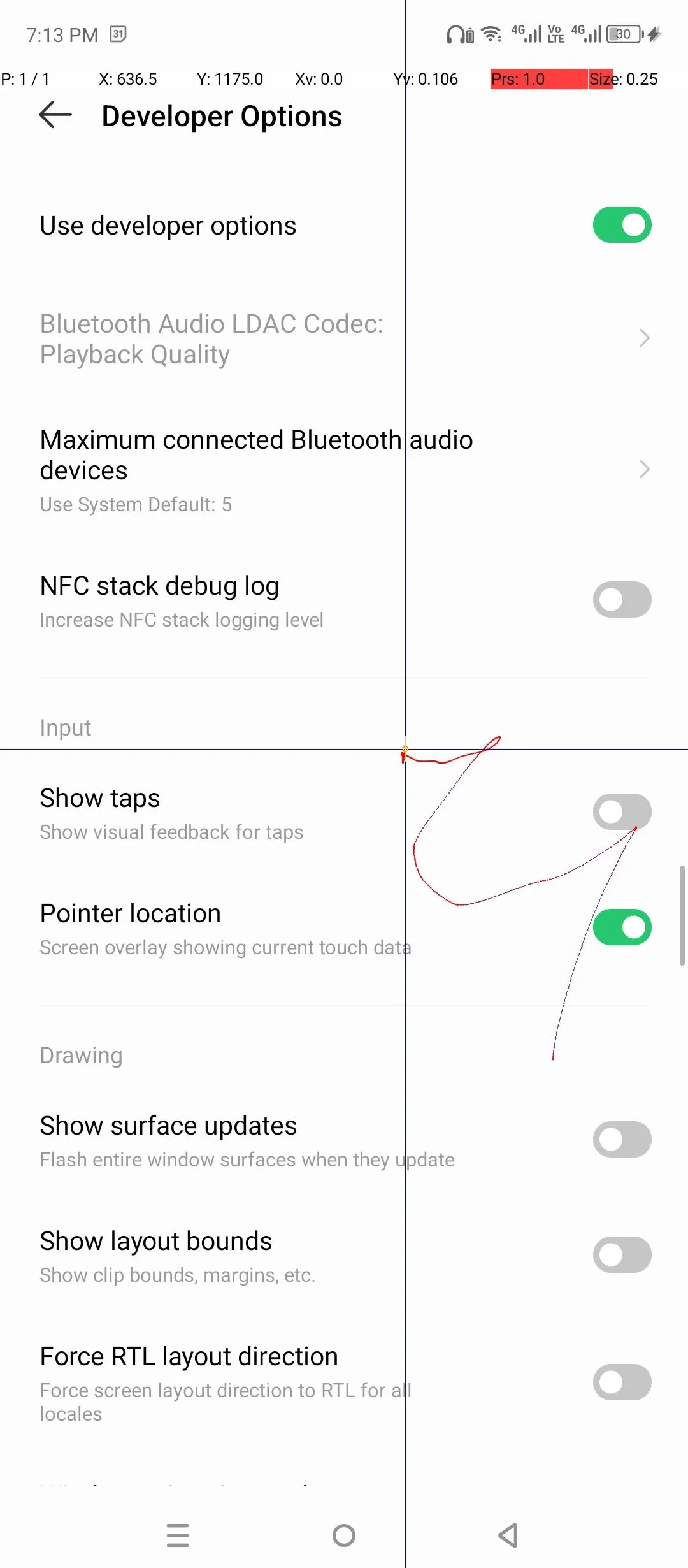 Vị trí con trỏ trên tùy chọn nhà phát triển Android.