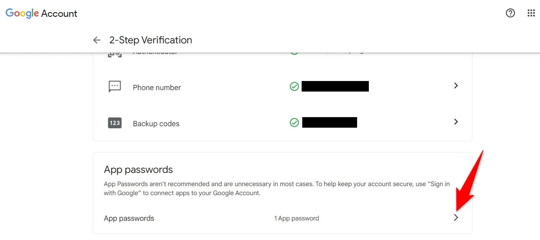 Vị trí mục Mật khẩu ứng dụng trong cài đặt Xác minh 2 bước của Google