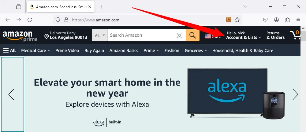 Vị trí nút "Tài khoản & Danh sách" trên trang chủ Amazon để truy cập cài đặt