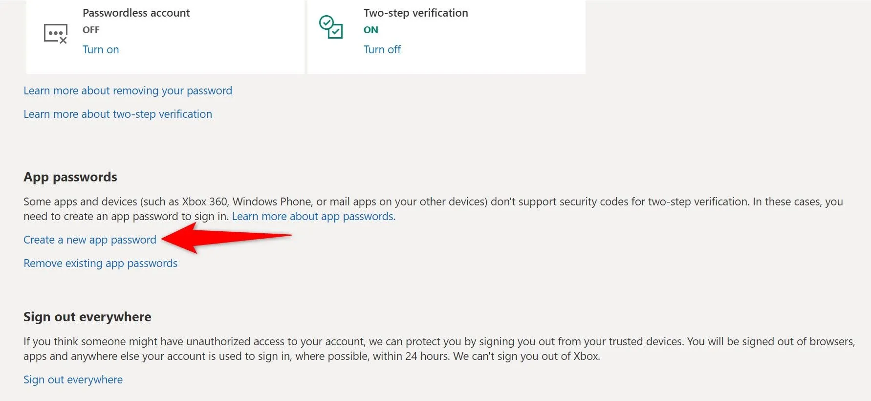 Vị trí nút &quot;Tạo mật khẩu ứng dụng mới&quot; trong cài đặt tài khoản Microsoft