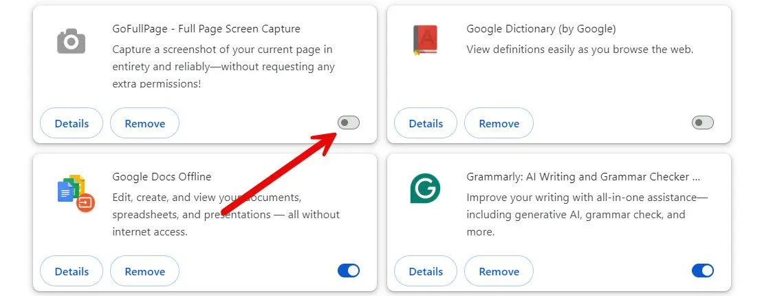 Vô hiệu hóa các tiện ích mở rộng Chrome không cần thiết để giảm tải việc sử dụng RAM.