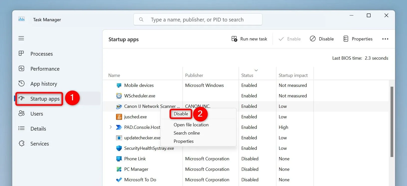 Vô hiệu hóa ứng dụng khởi động cùng Windows 11 trong mục &quot;Startup Apps&quot; của Task Manager.