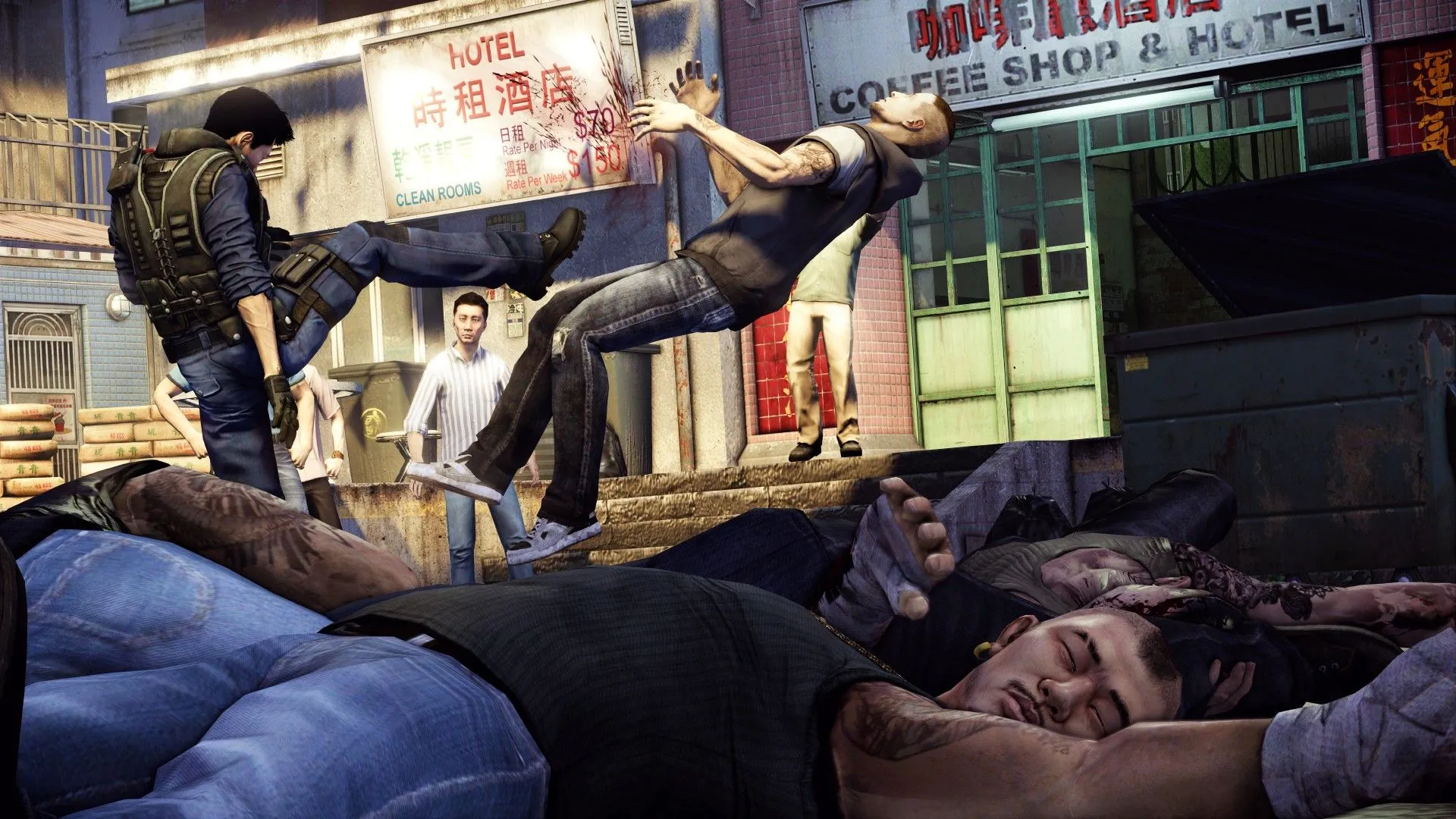 Wei Shen đá vào mặt một tên tội phạm, xung quanh là các đối tượng khác trong Sleeping Dogs
