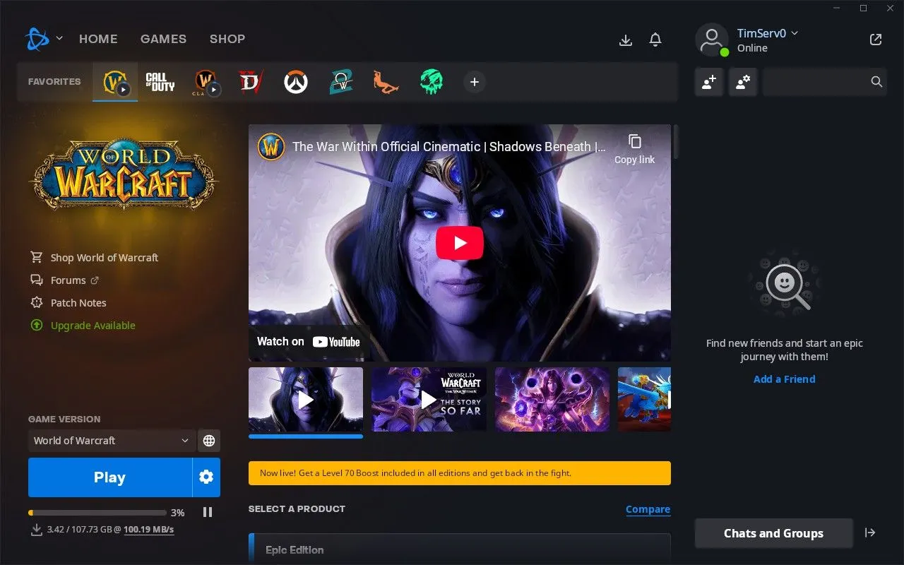 World of Warcraft đang được tải xuống thông qua Battle.net trên Steam Deck.