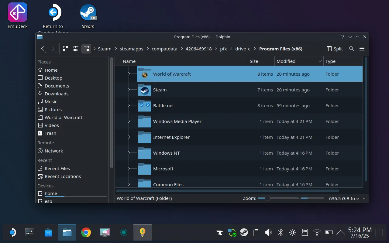 Xác định vị trí thư mục cài đặt World of Warcraft trong Dolphin trên Steam Deck.