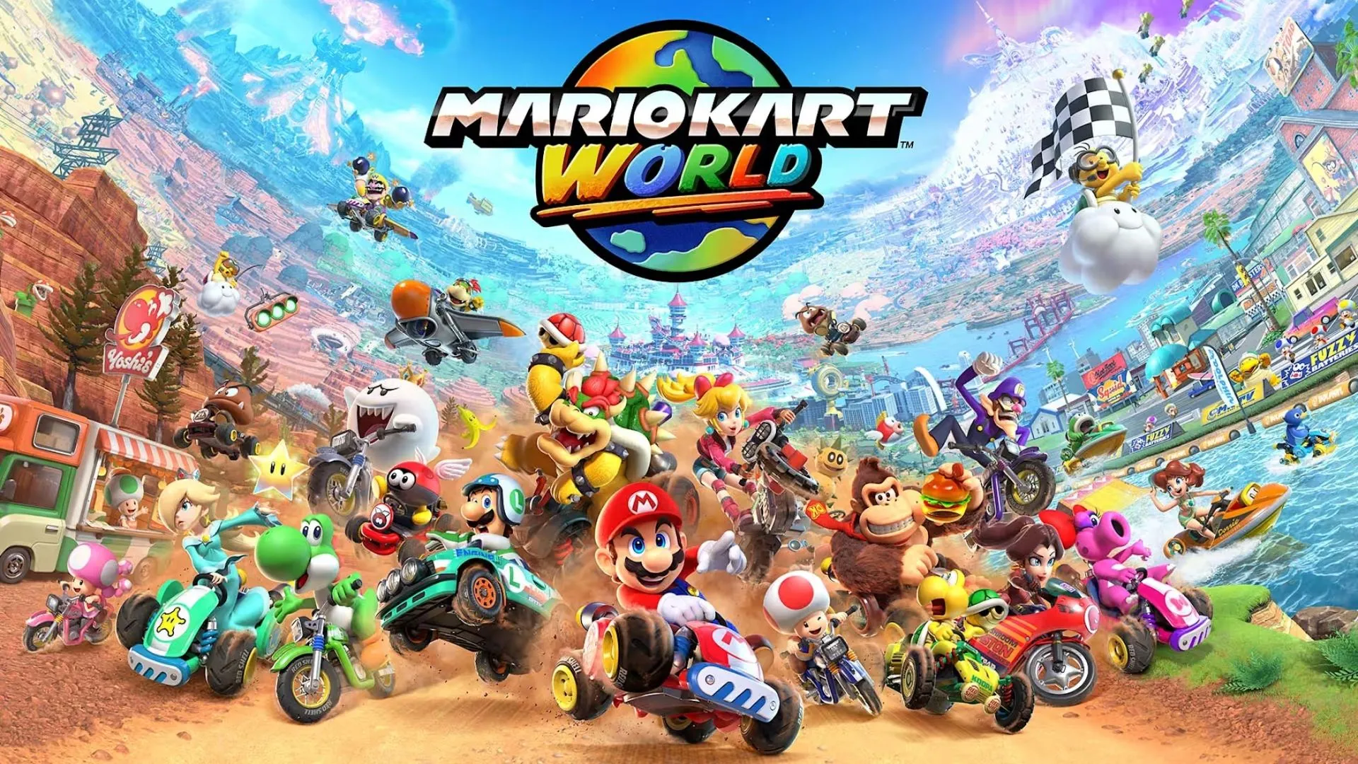 Xe kart của Mario và Luigi đang đua trên đường đua cầu vồng với nhiều chướng ngại vật