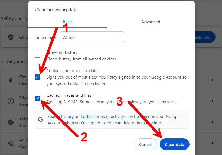 Xóa dữ liệu duyệt web, bao gồm cookie và bộ nhớ đệm, để giải phóng bộ nhớ Chrome.